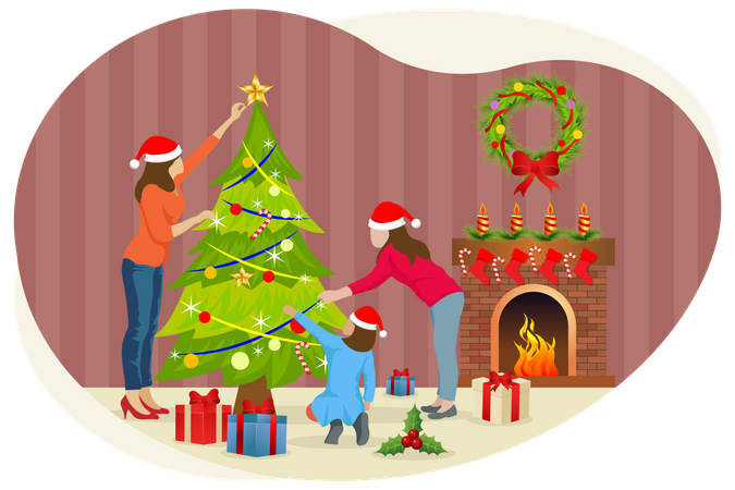 Familia decorando el árbol de navidad  Ilustración
