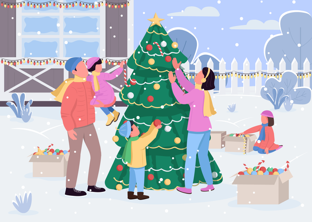 Familia decorando el árbol de navidad  Ilustración