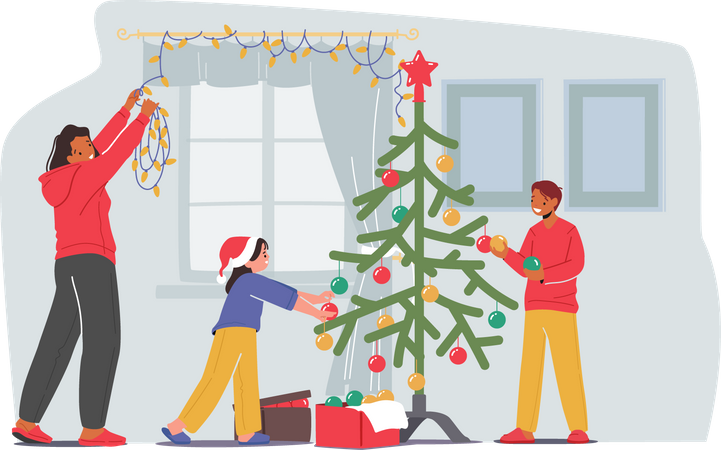 Familia decorando el árbol de Navidad y la casa.  Ilustración