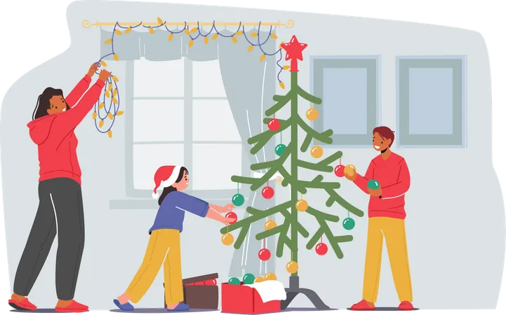 Familia decorando el árbol de Navidad y la casa.  Ilustración