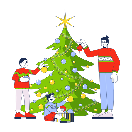 Família decorando a árvore de Natal juntos  Ilustração