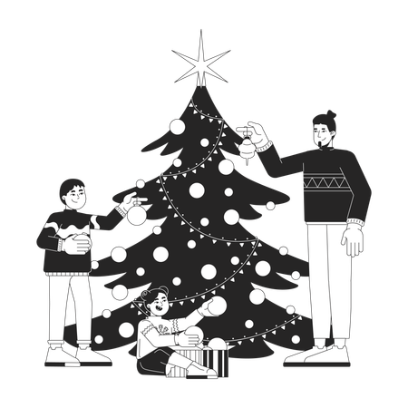 Família decorando a árvore de Natal juntos  Ilustração