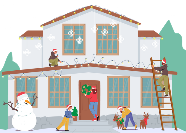 Familia decorando la casa durante la Navidad.  Ilustración