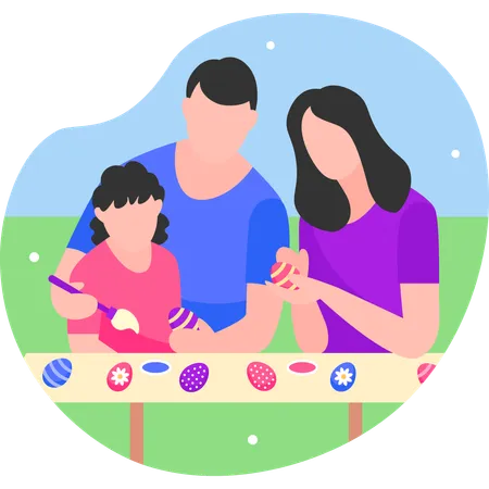 Familia decorando huevos de pascua  Ilustración