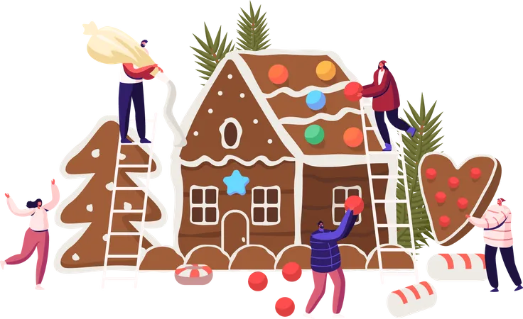 Familia decorando casa de pan de jengibre navideña  Ilustración