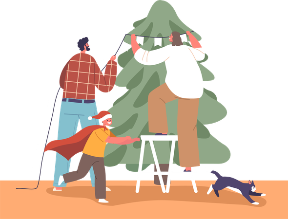 Familia decorar árbol de Navidad  Ilustración