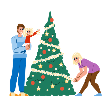 Familia decorar árbol de navidad  Ilustración