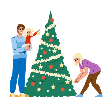 Familia decorar árbol de navidad  Ilustración