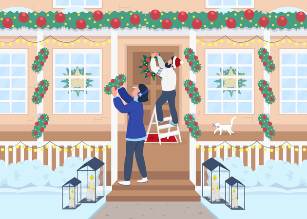 Familia decorar casa para Navidad  Ilustración