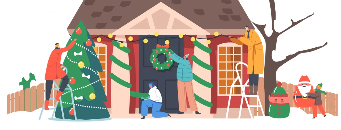 Família decora casa para o Natal  Ilustração