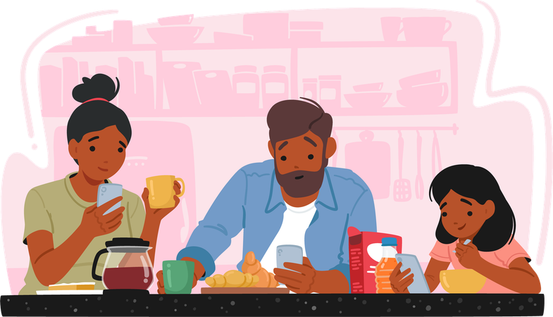 Familia desayunando junta en un ambiente acogedor de cocina  Ilustración