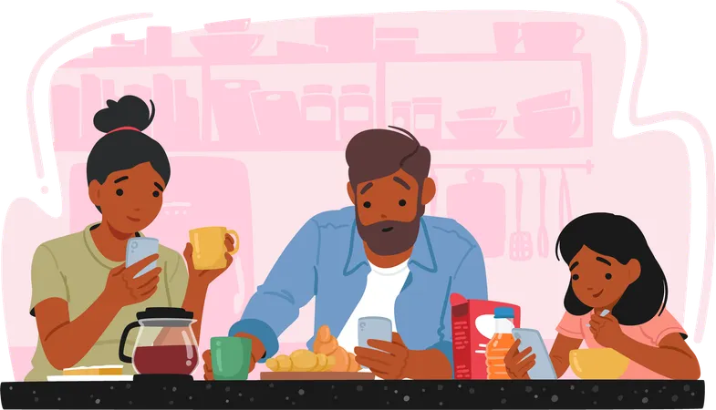 Familia desayunando junta en un ambiente acogedor de cocina  Ilustración