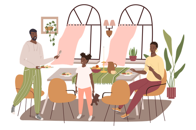 Familia desayunando juntos  Ilustración