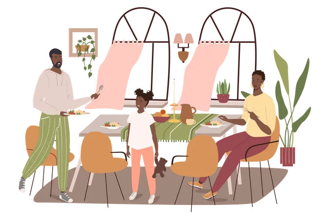 Familia desayunando juntos  Ilustración