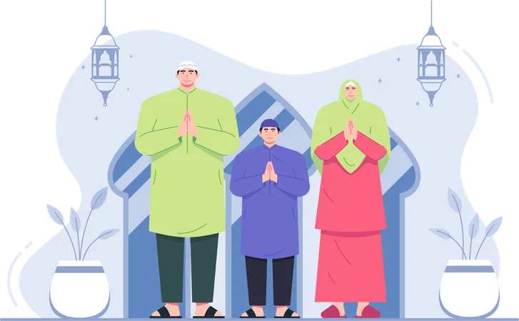 Familia que desea el saludo de Eid Mubarak  Ilustración