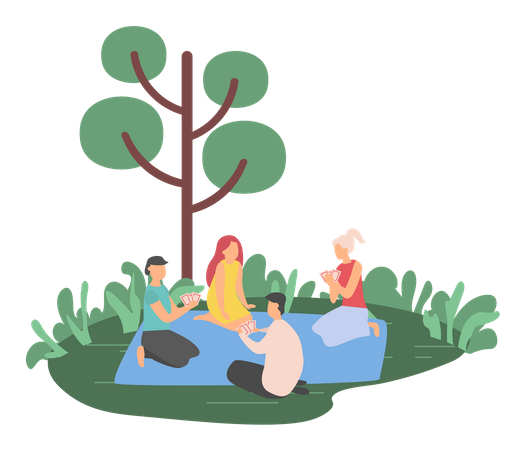 Família desfrutando de piquenique na área florestal  Ilustração