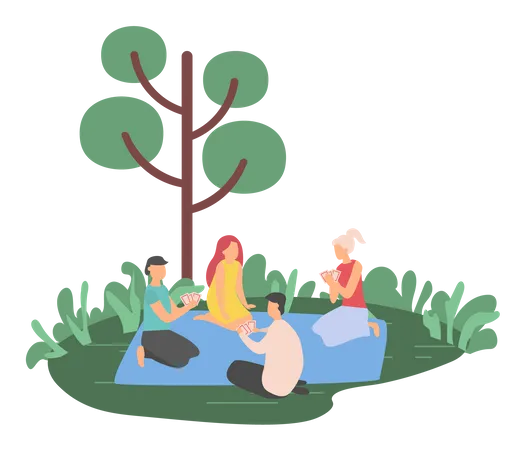 Família desfrutando de piquenique na área florestal  Ilustração