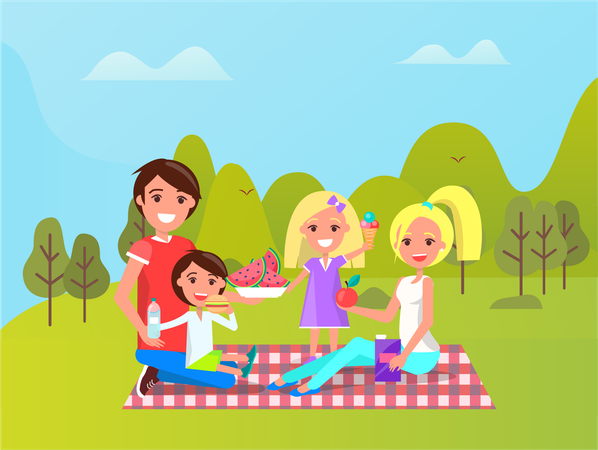 Família aproveitando um piquenique nas férias  Ilustração