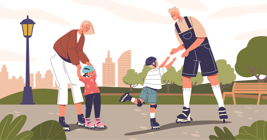 La familia se desliza sobre patines en el parque de verano  Ilustración