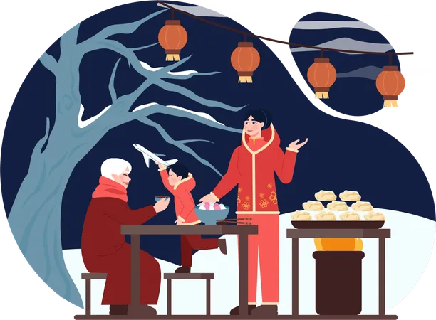 La familia disfruta del año nuevo chino  Ilustración