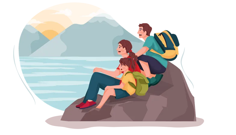 Familia disfrutando al lado del lago  Ilustración