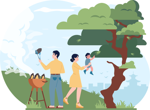 Familia disfrutando de una barbacoa en el jardín  Ilustración