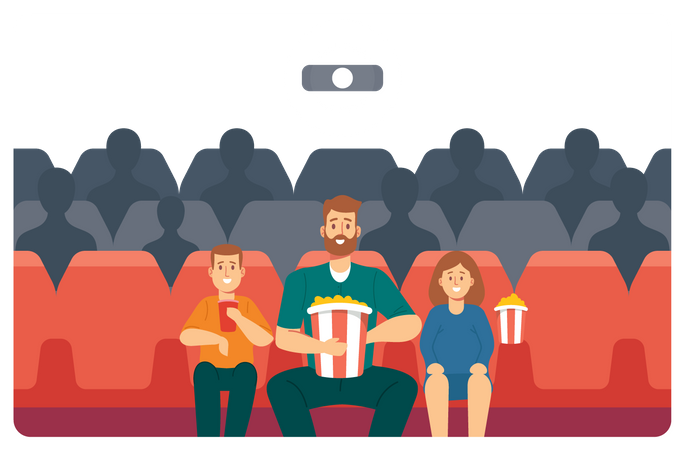 Familia disfrutando de la película en el cine  Ilustración