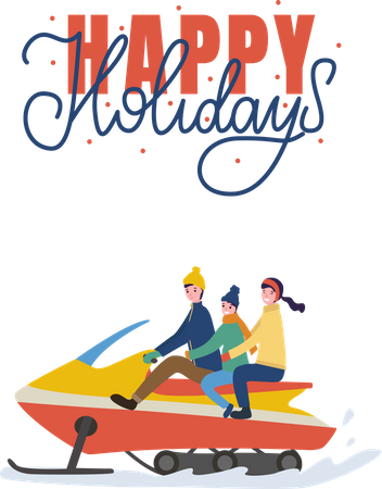 Familia disfrutando de motos de nieve  Ilustración