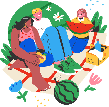 Familia disfrutando de un picnic en el parque  Ilustración