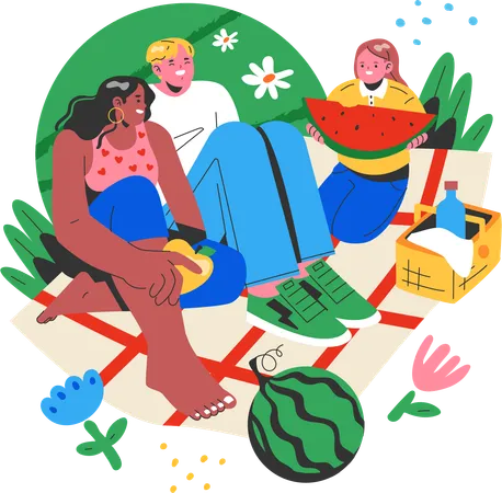 Familia disfrutando de un picnic en el parque  Ilustración