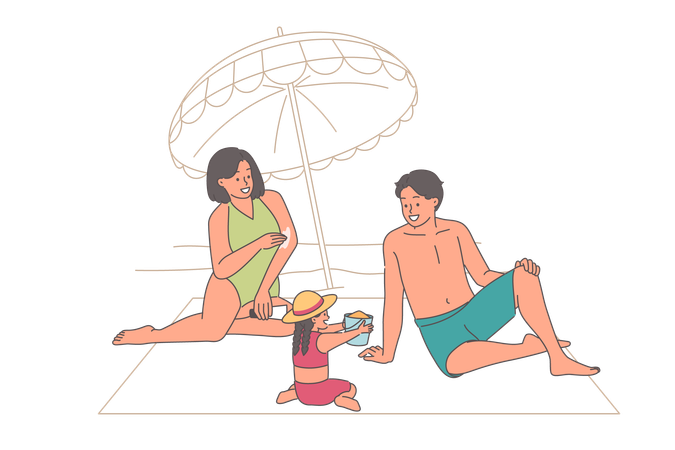 Familia disfrutando de vacaciones en la playa  Ilustración