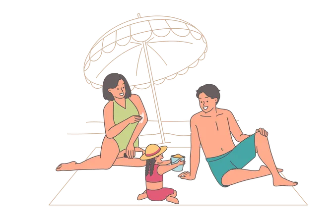 Familia disfrutando de vacaciones en la playa  Ilustración