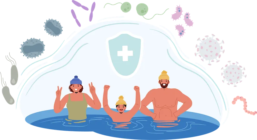 Familia disfrutando del agua fría en invierno  Ilustración