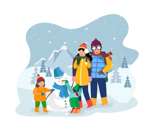 Familia disfrutando del invierno en las montañas  Ilustración