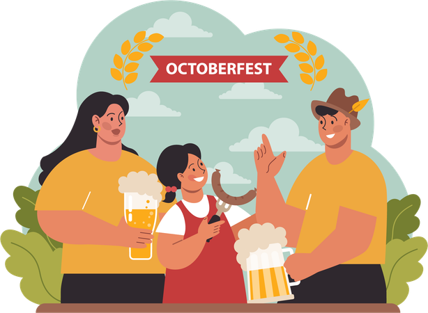 Familia disfrutando del Oktoberfest  Ilustración