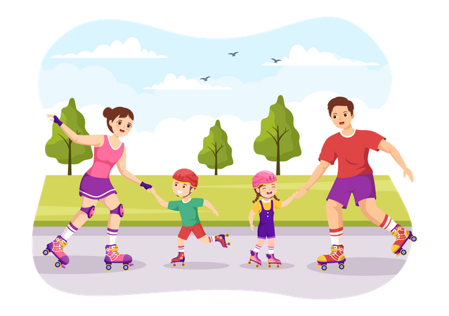 Familia disfrutando del patinaje sobre ruedas  Ilustración