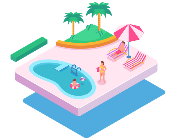 Familia disfrutando del verano en la piscina  Ilustración