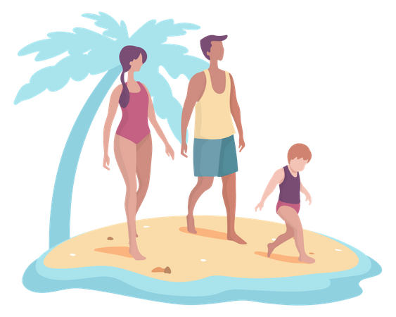 Familia disfrutando del verano en la playa  Ilustración