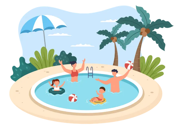 Familia disfrutando en la piscina  Ilustración