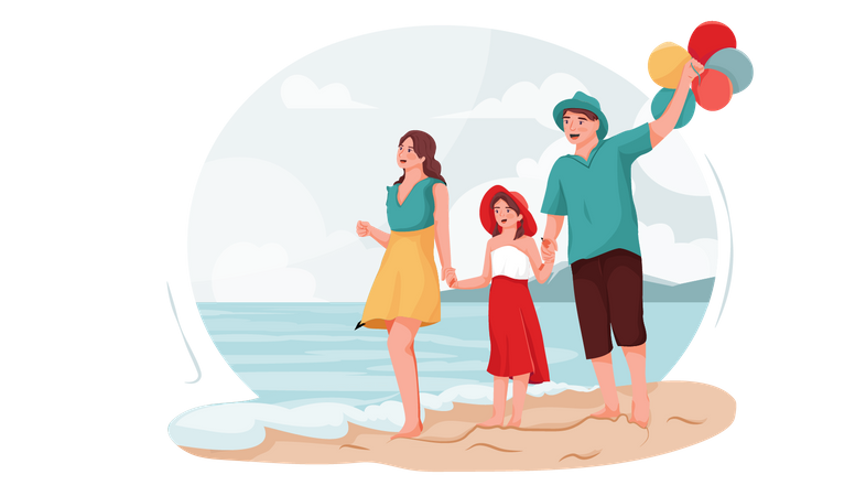 Familia disfrutando en la playa  Ilustración