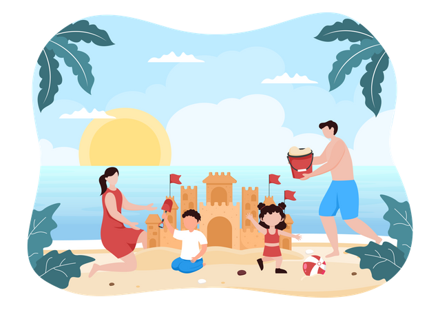 Familia disfrutando en la playa  Ilustración