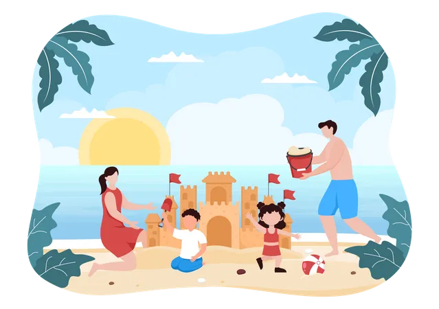 Familia disfrutando en la playa  Ilustración