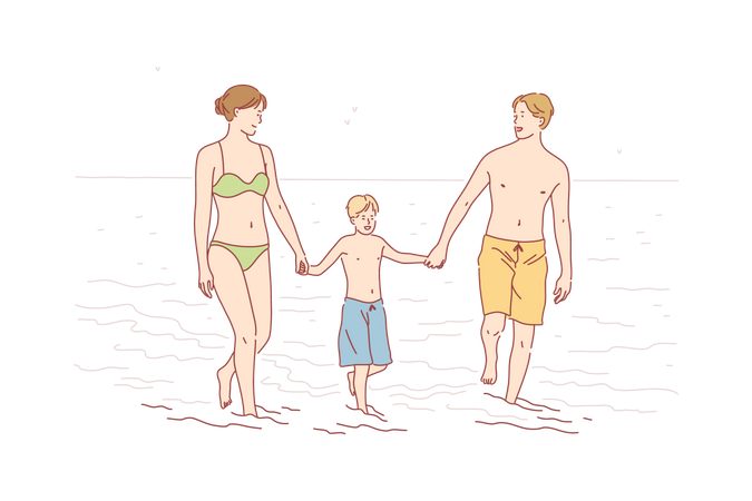 Familia disfrutando en la playa  Ilustración