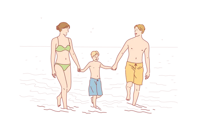 Familia disfrutando en la playa  Ilustración