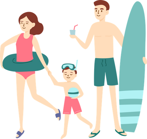 Familia disfrutando en la playa del mar  Ilustración