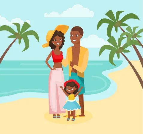 Familia disfrutando en la playa tropical  Ilustración