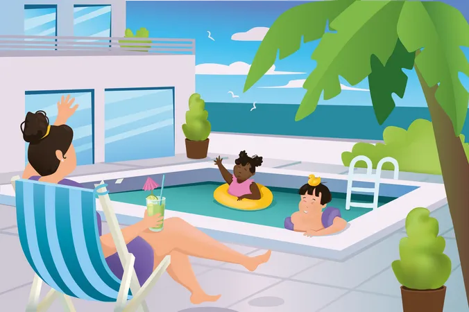 Familia disfrutando en el resort  Ilustración