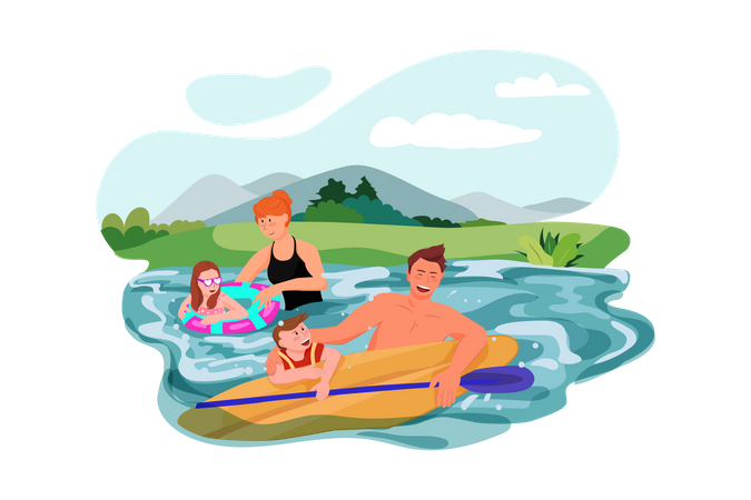 Familia disfrutando nadando en el lago  Ilustración