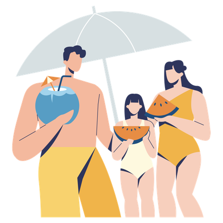 Familia disfrutando de vacaciones en la playa  Ilustración