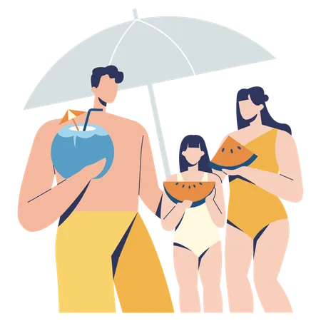 Familia disfrutando de vacaciones en la playa  Ilustración